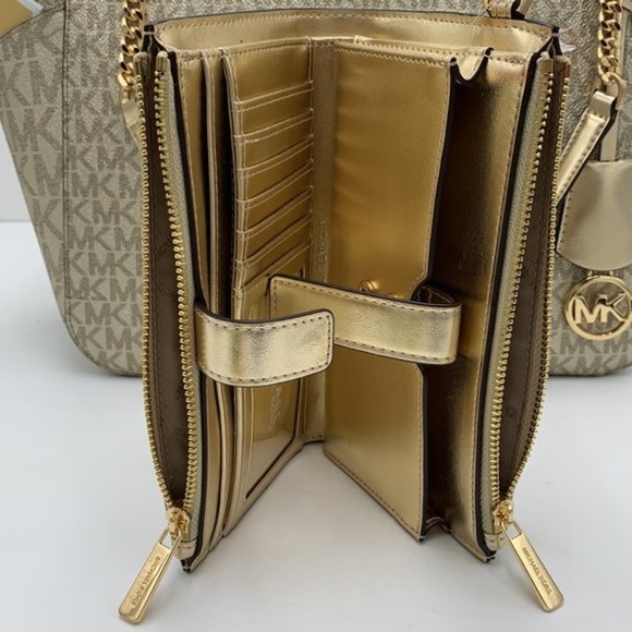 Michael Kors Large X Chain Sholder Tote & Large Double Zip Wallet Pale Gold - Picture 5 of 16